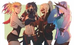 4girls black_hair blonde_hair blue_hair hood koyorin long_hair long_pointy_ears looking_at_viewer mask monster_girl monster_hunter monster_hunter_world multicolored_hair multiple_girls nargacuga_(armor) odogaron odogaron_(armor) ponytail shara_ishvalda white_hair xenojiva yellow_eyes