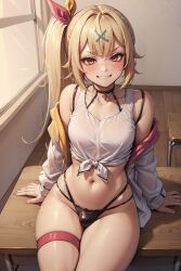 1futa ai_generated blonde_hair blush futanari hoshikawa_sara nijisanji panties penis_bulge shirt smile teeth teeth_showing testicle_bulge virtual_youtuber vtuber wide_hips