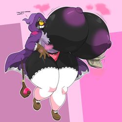 1_eye big_breasts big_hips black_skin blush breast_expansion brown_shoes english_text hood hyper hyper_breasts magic_wand omegabrawl original_character ripped_shirt spellbook stockings tagme underwear witch