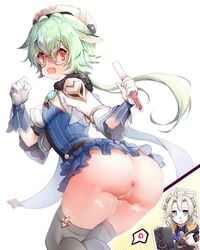 1girls albedo_(genshin_impact) animal_ears anus ass bad_anatomy bloody_nose drawing_tablet genshin_impact glasses green_hair no_panties pussy sucrose_(genshin_impact) tagme thighhighs