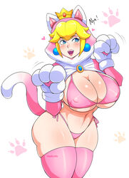 1girls animal_ears big_breasts bikini blonde_hair blue_eyes blush breasts cat_ears cat_peach cat_suit cat_tail claws cleavage crown cute_fangs earrings erect_nipples eyebrows eyelashes eyes female female_only hair huge_breasts large_breasts mario_(series) navel nintendo open_mouth paws pink_bikini pink_stockings pink_thighhighs pinkkoffin princess_peach royalty solo solo_female stockings stomach super_mario_3d_world tail thick_thighs thighhighs video_games white_background wide_hips