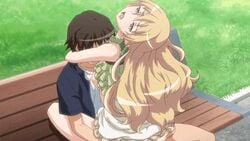 1boy animated arms_around_neck ass ass_grab bench big_breasts blonde_hair blush blushing bouncing_breasts breasts censored clothed_sex clothing consensual creampie cum cum_in_pussy cum_inside ejaculation eroge!_h_mo_game_mo_kaihatsu_zanmai eye_contact female female_human fujiwara_momoka gif grass green_shirt hands_on_ass head_tilted_back hugging human kissing leg_lock long_hair lotus_position male male/female male_human moaning moaning_in_pleasure mosaic_censoring outside park public public_sex purple_eyes pussy sex shoes sitting_on_lap sitting_on_person sky thick_thighs vaginal_penetration wet_pussy x-ray yellow_ribbon