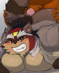 2021 absurd_res anthro ass brown_body brown_fur canid canine duo fur genitals hi_res humanoid_genitalia humanoid_hands humanoid_penis kemono male male/male mammal momochi_sandayuu moobs nipples overweight overweight_male penis raccoon_dog sengoku_puzzle solo_focus tanuki video_games yamatoji201