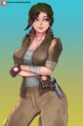 activision beanie blue_eyes brown_hair call_of_duty call_of_duty_black_ops_cold_war cleavage clothing cybraxhell eyebrows female gloves gun hat helen_park_(cod) lips mole patreon raven_software scar tagme treyarch url weapon