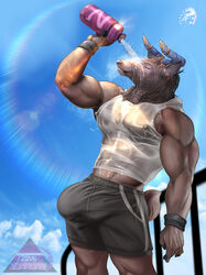 2020 abs anthro big_bulge bodily_fluids bottle bottomwear bulge cervid cervine closed_eyes clothed clothing ear_piercing holding_object hood horn horn_ring male mammal muscular muscular_anthro muscular_male nipples outside pecs piercing shirt shorts solo standing sweat tank_top topwear translucent translucent_clothing translucent_topwear water water_bottle wet wet_body wet_clothing zorro_re