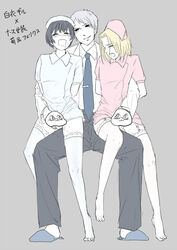 3boys axis_powers_hetalia feliks_lukasiewicz gay gilbert_weillschmidt honda_kiku japan_(hetalia) male_only masturbation mochi!america nurse_uniform orgasm_face poland_(hetalia) prussia_(hetalia) stockings yaoi