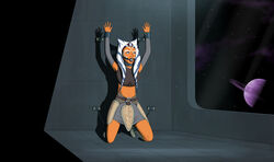 1girls ahsoka_tano alien angry anonimsomeone arms_up ball_gag black_ball_gag blue_eyes bondage bound bound_arms captured clothed clothing crop_top facial_markings female female_only footwear gag gagged galactic_empire_insignia hands_up headband indoors kneeling orange_skin prisoner science_fiction shoes skirt solo space star_wars star_wars_rebels stomach tied togruta window