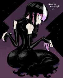 1girls ass bare_shoulders big_ass big_butt black_dress black_hair crap-man english_text female female_solo long_hair mob_face monster_girl noss_the_nosferatu_(crap-man) original solo solo_female tagme thick thick_ass tight_clothing