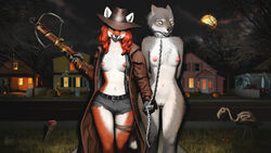 anthro areola biped canid canine canis chains clothed clothed/nude clothed_female_nude_female clothing cosplay crossbow duo exhibitionism female fox genitals halloween hat headgear headwear hi_res holidays mammal navel night nipples nude oini public public_nudity pussy ranged_weapon van_helsing_(2004) weapon wolf