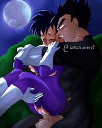 1boy 1girls balls black_hair blush breast_outside canon_couple closed_eyes cum cum_inside dragon_ball dragon_ball_z female gloves great_saiyaman great_saiyaman_2 great_saiyawoman holding_legs legs_together lovelykotorii male moon muscular muscular_male night nipples outside outside_sex penis reverse_stand_and_carry_position reverse_suspended_congress sex short_hair son_gohan straight tight_clothing torn_clothes videl white_gloves