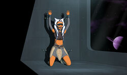 1girls ahsoka_tano alien anonimsomeone arms_up black_ball_gag blindfold bondage bound bound_arms captured clothed clothing crop_top facial_markings female female_only footwear gag gagged galactic_empire_insignia hands_up headband indoors kneeling orange_skin prisoner science_fiction shoes skirt solo space star_wars star_wars_rebels stomach tied togruta window