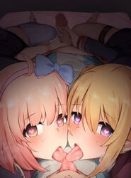 1boy 2girls ahoge bangs blonde_hair blurry blurry_background blush bottomless censored cheek-to-cheek chieru_(princess_connect!) chloe_(princess_connect!) dark erection eyebrows_visible_through_hair ffm_threesome french_kiss group_kissing group_sex hairband handjob heart heart-shaped_pupils heavy_breathing highres indoors kissing light-skinned_female light-skinned_male light_skin looking_at_viewer lying male_swimwear mosaic_censoring multiple_girls multiple_handjob narusan_beam2 on_bed orange_eyes penis perspective pink_hair pointy_ears pov pov_kiss princess_connect! princess_connect!_re:dive purple_eyes sidelocks straight sweat swim_briefs swimwear symbol-shaped_pupils threesome tongue tongue_out triple_kiss