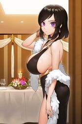 ariela_raven brown_hair cain_(gunnermul) cleavage curvy date dress female huge_breasts indoor looking_at_viewer original pink_eyes short_hair sideboob standing thick_thighs