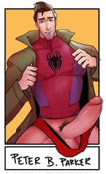 1boy big_bulge big_penis brown_eyes bulge exposed exposed_penis gay gay_male half-dressed huge_cock hyper hyper_penis light-skinned_male male male_only marvel muscular pecs peter_b_parker scruffley solo spider-man spider-man_(series) stubble thick_thighs yaoi