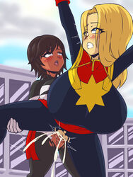 1futa 1girls ahe_gao blonde_hair blue_eyes bodysuit bosomancer breasts breasts_bigger_than_head brown_eyes brown_hair captain_marvel carol_danvers city city_background clothed clothed_sex cum cum_in_pussy cum_inside dark-skinned_female dark-skinned_futanari dark_skin duo ejaculation female futa_on_female futa_sans_balls futadom futanari heroine huge_breasts human human_only interracial light-skinned_female light_skin marvel marvel_comics monica_rambeau orgasm penis photon_(marvel) rape rolling_eyes sex spectrum_(marvel) superheroine tongue tongue_out torn_bodysuit torn_clothes vaginal_penetration