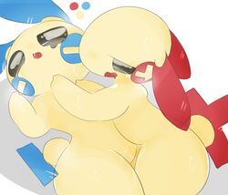 2girls anthro blush crying ebi10000000000 game_freak laying_down minun nintendo plusle pokémon_(species) pokemon pokemon_(species) simple_background sweating tagme thick_thighs white_background wide_hips