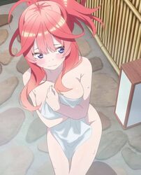 big_breasts censored_breasts chubby embarrassed female go-toubun_no_hanayome hot_water mixed_bathing nakano_itsuki red_hair softcore solo towel towel_only