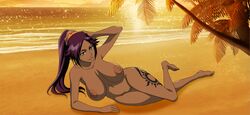 areolae beach big_breasts bleach breasts busty edit erect_nipples female female_focus female_only hourglass_figure large_breasts monkeyman_(artist) nipples outdoors screenshot_edit shihouin_yoruichi solo tagme wide_hips