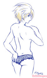 1boy ass ass_focus back_view blonde_hair blue_eyes crossdressing lingerie looking_back male male_focus male_only mostly_nude nintendo panties shulk_(xenoblade) xenoblade_(series) xenoblade_chronicles