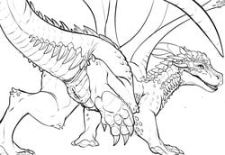 2021 anus black_and_white body_spikes dragon dragonheart fangs female feral genitals hi_res horn looking_at_viewer looking_back monochrome presenting pussy rear_view simple_background siveth_(dragonheart) smile solo torinsangel universal_studios white_background wings wugi