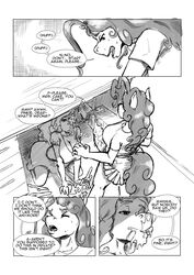 absurd_res anthro anthrofied bakuhaku big_breasts bodily_fluids breasts cleavage clothed clothing comic cum cum_on_face cup_cake_(mlp) dialogue english_dialogue english_text equid female friendship_is_magic futanari hi_res intersex intersex/male male mammal mature_female monochrome my_little_pony penis pinkie_pie_(mlp) straight_hair