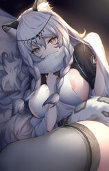 1girls animal_ear_fluff animal_ears animal_tail areola areola_slip areolae areolae_peeking areolae_slip arknights arm_between_breasts bed big_breasts blanket braid braided_hair breasts cat_ears cat_girl cat_tail catgirl circlet covered_mouth female female_only gray_eyes humanoid kemonomimi kyou_(artist) large_breasts long_hair on_bed on_side pale_skin pramanix_(arknights) solo solo_female turtleneck