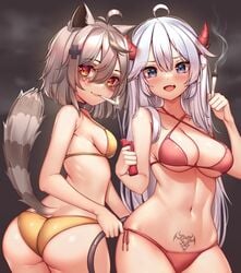 2girls animal_ears barbeque_lighter big_ass bikini blue_eyes blunt brown_hair clothing demon_girl demon_tail drugs duo female horns humanoid indie_virtual_youtuber kaptivate large_breasts lighter marijuana medium_breasts pale_skin pubic_tattoo raccoon raccoon_ears raccoon_girl raccoon_tail racoon_girl red_eyes smile smoking smoking_weed snuffy succubus swimwear veibae virtual_youtuber weed white_hair