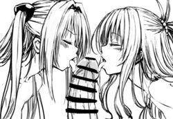 1boy 2girls bar_censor censored closed_eyes collaborative_fellatio double_fellatio fellatio female fuchi_(touo) golden_darkness hair_ornament konjiki_no_yami licking male multiple_girls open_mouth partial_male penis teamwork threesome to_love-ru to_love-ru_darkness tongue_out twintails yuuki_mikan