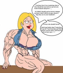 american_dad big_breasts breasts charfrog dialogue female francine_smith huge_breasts large_breasts muscles muscular muscular_female tagme