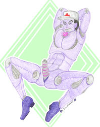 1boy 2021 abs absurd_res ambulance_chaser android black_hair cog_(toontown) color erection hands_behind_head hat heart-shaped_pupils humanoid humanoid_penis joints looking_at_viewer male male_only muscular naked partially_clothed purple_skin robot simple_background sirmaxwell snarling solo spread_legs tagme toontown_online toontown_rewritten traditional_media_(artwork)