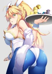 ahoge animal_ears arata arched_back artoria_pendragon artoria_pendragon_(lancer) artoria_pendragon_(swimsuit_ruler) ass bangs blonde_hair blue_legwear breasts bunny_ears cameltoe commentary_request cowboy_shot dice eyebrows_visible_through_hair eyelashes fake_animal_ears fate/grand_order fate_(series) female from_behind green_eyes grey_background highres holding holding_tray large_breasts leaning_forward leotard long_hair long_sleeves looking_at_viewer looking_back pantyhose parted_lips playboy_bunny poker_chip ponytail simple_background solo standing strapless strapless_leotard tiara towel tray white_leotard white_towel wrist_cuffs