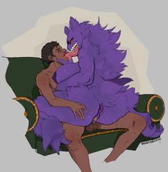 anthro anthro_penetrated anthrofied anus areola ass balls big_areola big_breasts big_butt blush bodily_fluids breasts chair claws closed_eyes dark-skinned_male dark_body dark_skin duo face_grab female female_on_human female_penetrated french_kissing fur furniture gengar genital_fluids genitals gold_(metal) gold_tooth half-closed_eyes hand_on_butt huge_breasts human human_on_anthro human_penetrating human_penetrating_anthro interspecies kissing larger_anthro larger_female larger_penetrated male male/female male_on_anthro male_penetrating male_penetrating_female mammal mastery_position mature_female narrowed_eyes nintendo nude penetration penis pokémon_(species) poképhilia pokemon precious_(ryufire) purple_body purple_fur pussy pussy_juice red_eyes saliva sex sitting size_difference smaller_human smaller_male sweat tongue tongue_out vaginal_penetration velvetdelusion video_games