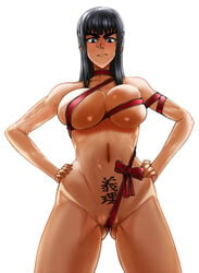 ass_visible_through_thighs bare_shoulders belly body_writing breasts cameltoe cleavage covered_nipples female female_focus female_only hands_on_hips hemelopa hips japanese_text kill_la_kill kiryuuin_satsuki looking_at_viewer looking_down low-angle_view naked_ribbon presenting pussy pussy_juice ribbon ribbons solo solo_female solo_focus stomach sweat sweatdrop thick_eyebrows valentine's_day