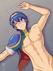 1boy blue_eyes blue_hair clenched_teeth defeated defeated_hero fire_emblem fire_emblem:_mystery_of_the_emblem fire_emblem:_shadow_dragon_and_the_blade_of_light male male_only marth_(fire_emblem) mrpenguin nintendo nude nude_male on_back one_eye_closed short_hair solo torn_clothes upper_body