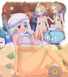 3girls bath bathing big_breasts bikini bikini_top blue_eyes boobs breasts darumaka eiscue female female_focus galarian_darumaka galarian_form gym_leader gym_trainer_(circhester_stadium) gym_trainer_(circhester_stadium)_(shield) gym_trainer_(circhester_stadium)_(sword) gym_trainer_(pokemon) large_breasts melony_(pokemon) milf mother nintendo npc_trainer onsen partially_submerged pokemoa pokemon pokemon_ss regional_form_(pokémon) roggenrola short_hair shoulders sitting small_breasts submerged swimsuit topless towel_around_neck underwater