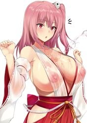 :o asymmetrical_hair azur_lane bangs blush breasts cleavage dead_or_alive erect_nipples erect_nipples_under_clothes eyebrows_visible_through_hair female hakama honoka_(doa) hotate-chan huge_breasts kimono large_breasts long_hair miko nipples nipples_visible_through_clothing no_bra open_mouth pink_eyes pink_hair ponytail red_eyes revealing_clothes see-through see-through_shirt side_ponytail side_slit sideboob sleeveless solo suggestive_fluid surprised tied_hair wafuku water wet wet_clothes