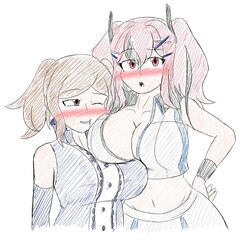 2girls alternate_breast_size azur_lane bare_midriff big_breasts blush breasts bremerton_(azur_lane) bremerton_(scorching-hot_training)_(azur_lane) brown_eyes brown_hair cleavage crossover cynthia_(fire_emblem) face_against_breast female_only fire_emblem fire_emblem_awakening large_breasts nintendo open_mouth petelewddigger pink_eyes pink_hair sketch smile twintails yuri