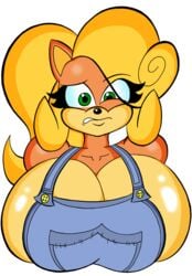 2020 activision alpha_channel anthro bandicoot big_breasts black_nose breasts bust_portrait cleavage clothed clothing coco_bandicoot crash_(series) female green_eyes hair hi_res huge_breasts hyper hyper_breasts inflation looking_at_viewer mammal marsupial mrxrickyx overalls solo tight_clothing video_games worried