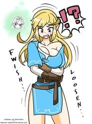 !? bare_legs blonde_hair blue_eyes blush breast_expansion breath_of_the_wild champion's_tunic cleavage haruozi link long_hair mtf_transformation mythra nintendo possession rule_63 super_smash_bros. super_smash_bros._ultimate tagme the_legend_of_zelda translated_sfx xenoblade_(series) xenoblade_chronicles_2