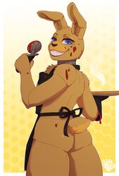 1boy 2020 abstract_background animatronic anthro apron ass black_nose blood blood_on_arm blood_on_body blood_on_butt blood_on_face blood_on_shoulder blood_on_weapon blue_eyes bodily_fluids border clothed clothing crust eyelashes fazbear_frights femboy five_nights_at_freddy's five_nights_at_freddy's:_fazbear_frights food fur girly handwear hi_res holding_food holding_weapon into_the_pit lagomorph leporid long_ears looking_at_viewer looking_back machine male male_only mammal mostly_nude oven_mitts pixelflare pizza pizza_crust pizza_cutter plate portrait presenting presenting_hindquarters rabbit raised_arm robot scut_tail short_tail simple_background smile solo spring_bonnie spring_bonnie_(fnaf) standing steam teeth thick_thighs two_tone_tail video_games white_background white_border yellow_background yellow_body yellow_ears yellow_fur yellow_tail