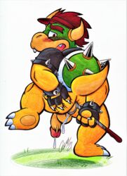 anthro anthro_only bara black_clothing black_shirt black_topwear bodily_fluids bowser candyshybat clothing cum genital_fluids genitals golf golf_club hi_res humanoid koopa male male_only mario_(series) mario_golf nintendo penis scalie shirt solo topwear video_games visor