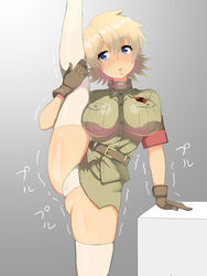 1girls :3 artist_request big_breasts blonde_hair blue_eyes blush breasts clothed clothed_female clothes clothing female female_only gloves hellsing hellsing_ultimate large_breasts leg_grab leg_lift leg_up military_uniform panties seras_victoria short_hair solo solo_female splits tagme thighhighs trembling uniform vertical_splits white_panties