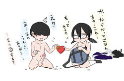 1boy after_sex black_hair blush chibi eromakosyo female gift glasses hair_between_eyes huge_cock nude opaque_glasses original penis short_hair simple_background straight twintails valentine white_background