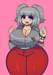 belt big_breasts blue_eyes fingernails gray_hair gray_shirt makeup necklace red_lips red_pants sugarkitty19 tagme