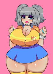 belt big_breasts blue_eyes blue_skirt fingernails gray_hair makeup necklace red_lips sugarkitty19 tagme yellow_shirt yellow_socks