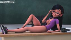 1girls 3d 3d_(artwork) black_hair blackboard bottomless breasts classroom desk disney glasses hairband looking_at_viewer maxmadsfm nipples on_desk open_shirt pixar purple_eyes shirt smooth_skin sneakers source_filmmaker teenager the_incredibles violet_parr