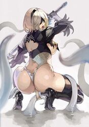 1girls anus anus_peek artist_request ass blindfold breasts breasts_out clothing covered_eyes crouching eyes_covered female grey_tentacles high_heels looking_back medium_breasts nier:_automata open_mouth panties panty_pull pulling_panties short_hair source_request spread_legs tentacle tentacle_rape thighhighs torn_clothes white_hair white_panties white_tentacles wide_hips wide_thighs yorha_2b