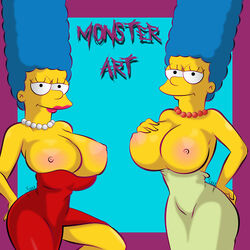 2021 alternate_breast_size areolae big_breasts blue_hair breasts busty dress_pull female female_focus hourglass_figure huge_breasts large_areolae large_breasts marge_simpson milf monsterart nipples pearl_necklace pinup pinup_pose solo the_simpsons topless topless_female wide_hips yellow_skin