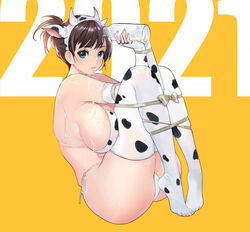 2021 animal_ears animal_print bikini blush bobobong bottle bow breasts brown_hair covered_nipples cow_ears cow_horns cow_print dripping elbow_gloves fake_animal_ears fake_horns fingerless_gloves fingernails gloves green_eyes holding holding_bottle horns large_breasts light_blush looking_at_viewer medium_hair milk milk_bottle original parted_lips pink_nails ponytail simple_background swimsuit thighhighs year_of_the_ox yellow_background