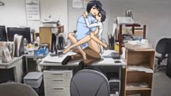 1boy 1girl big_breasts blue_hair blush caught caught_in_the_act clothed clothed_male clothed_sex desk ero_manga!_h_mo_manga_mo_step-up happy hugging leg_lock office office_lady open_shirt sex_on_table short_hair